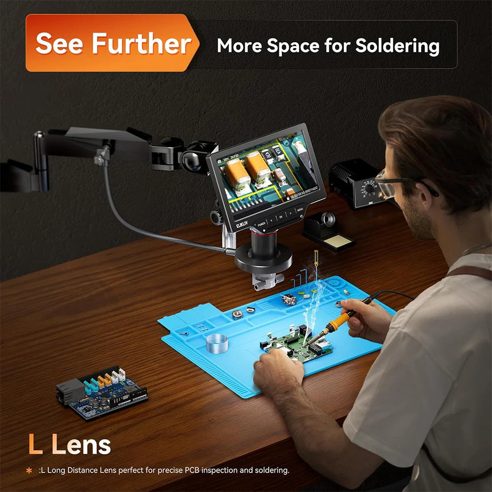 Elikliv 7 Inch 3D Digital Microscope with Magnetic Dual Lens 3K Soldering Microscopio for Electronics EM3K 3D Flex Arm Ring Light