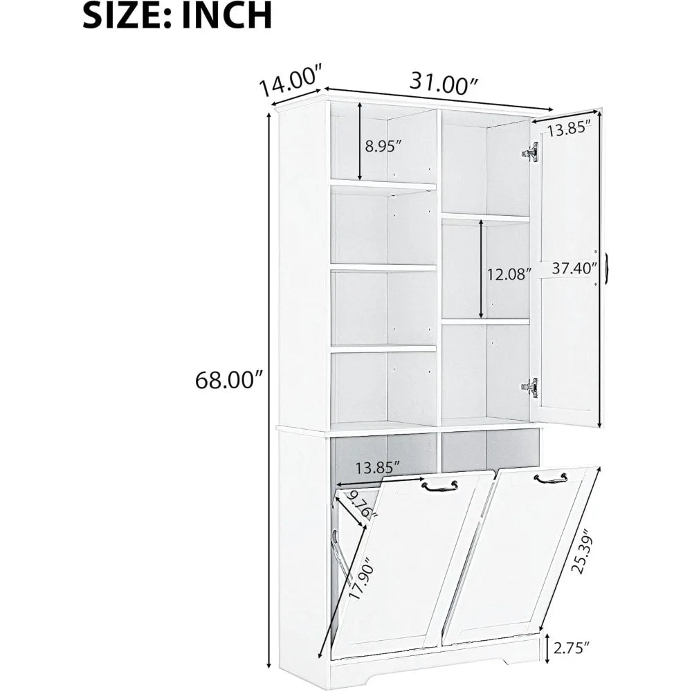 Tall Bathroom Storage Cabinet with Laundry Hamper Freestanding Storage Cabinet with Open Shelves and Adjustable Shelf White Modern Style