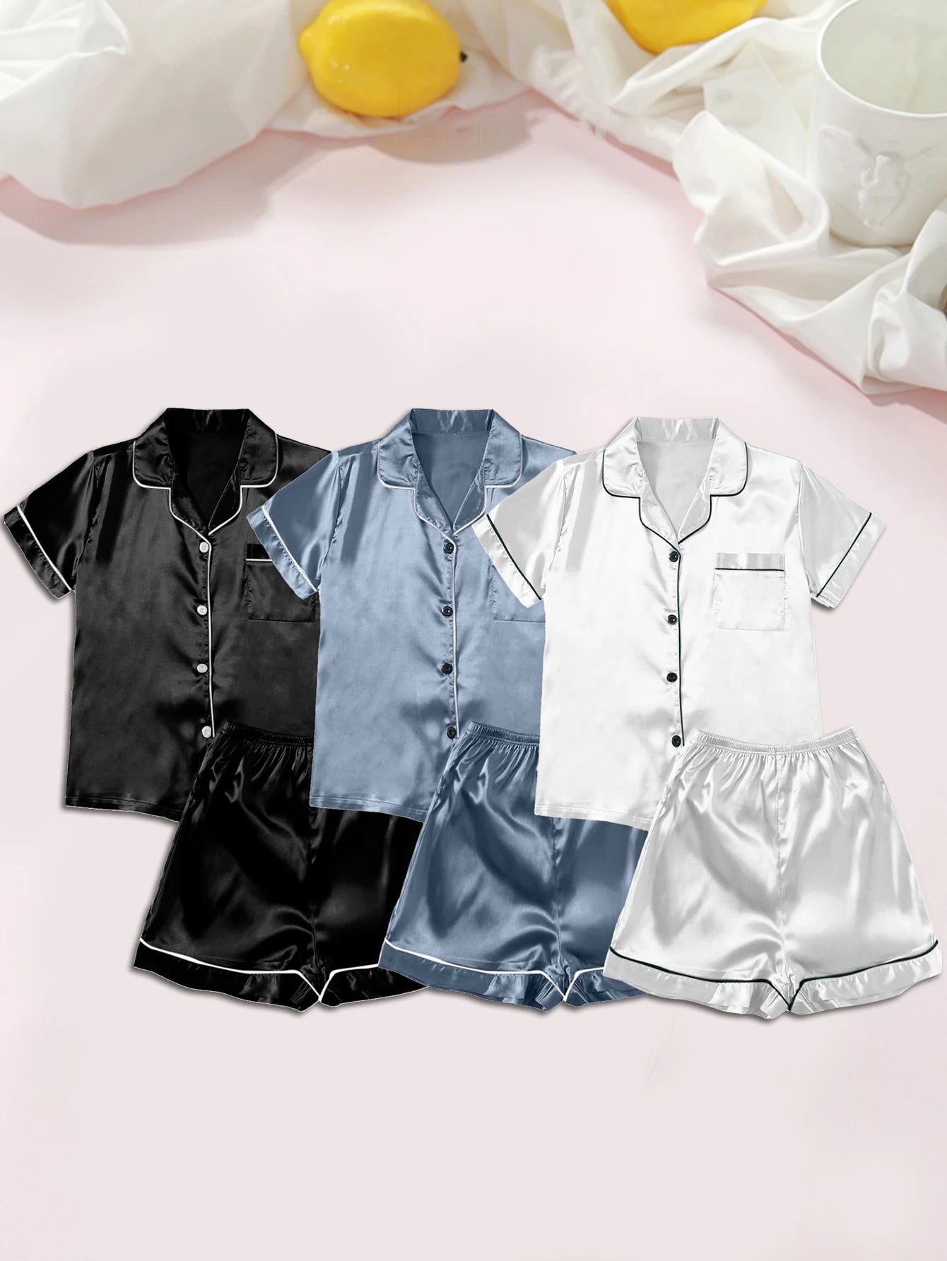 Women Pajamas Ice Silk Multi-Piece Nightgown Summer Set Comfortable Home Wear Black+Blue+White XXXL