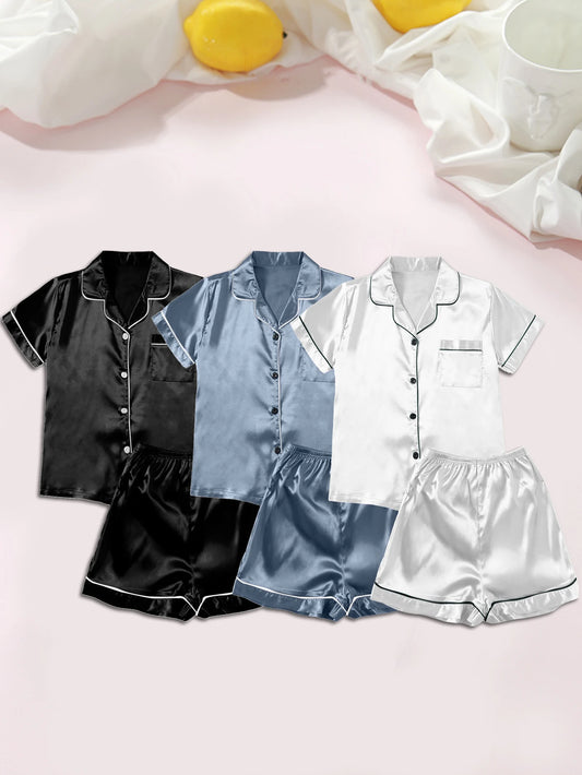 Women Pajamas Ice Silk Multi-Piece Nightgown Summer Set Comfortable Home Wear Black+Blue+White XXXL