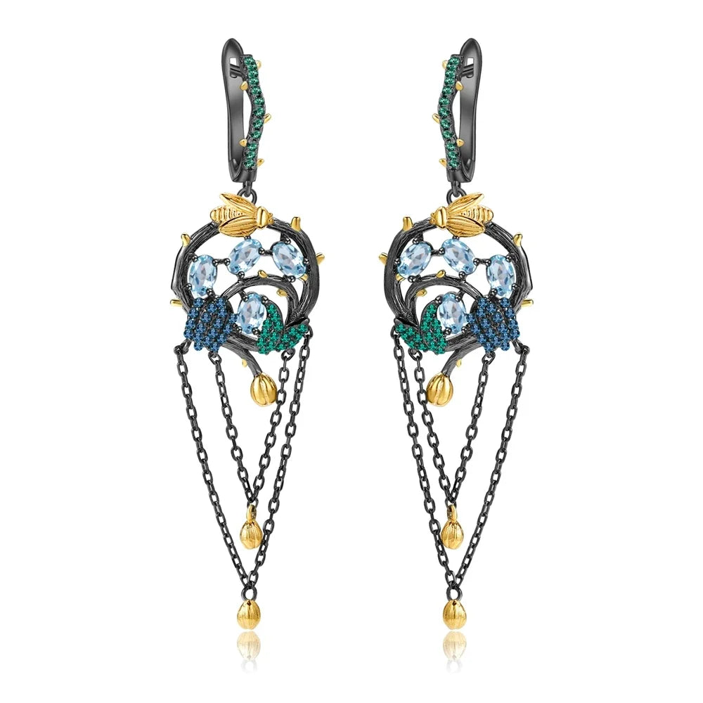 GEM'S BALLET Rhodolite Garnet Bee Tassel Earrings 925 Silver