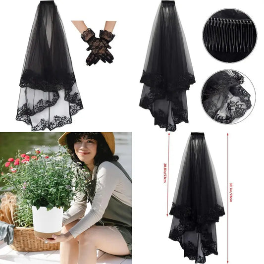 jiebor Black Lace Veil Bridal Wedding Veils Halloween Veil With Comb and Gloves