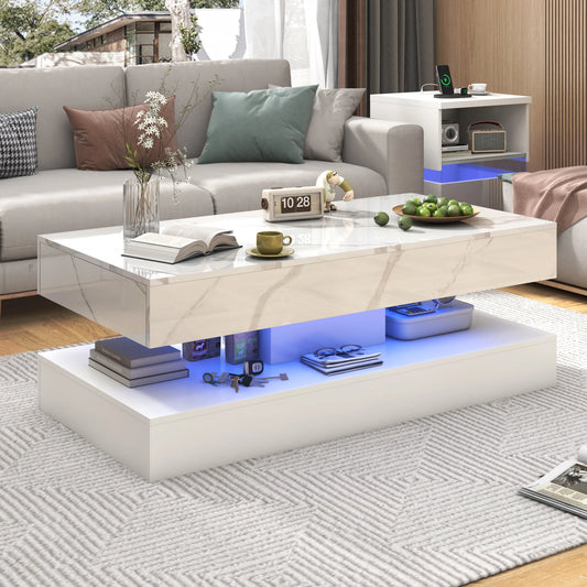 Modern Stylish Coffee Table with LED Lights Double Layer Design and Two Storage Drawers for Living Room