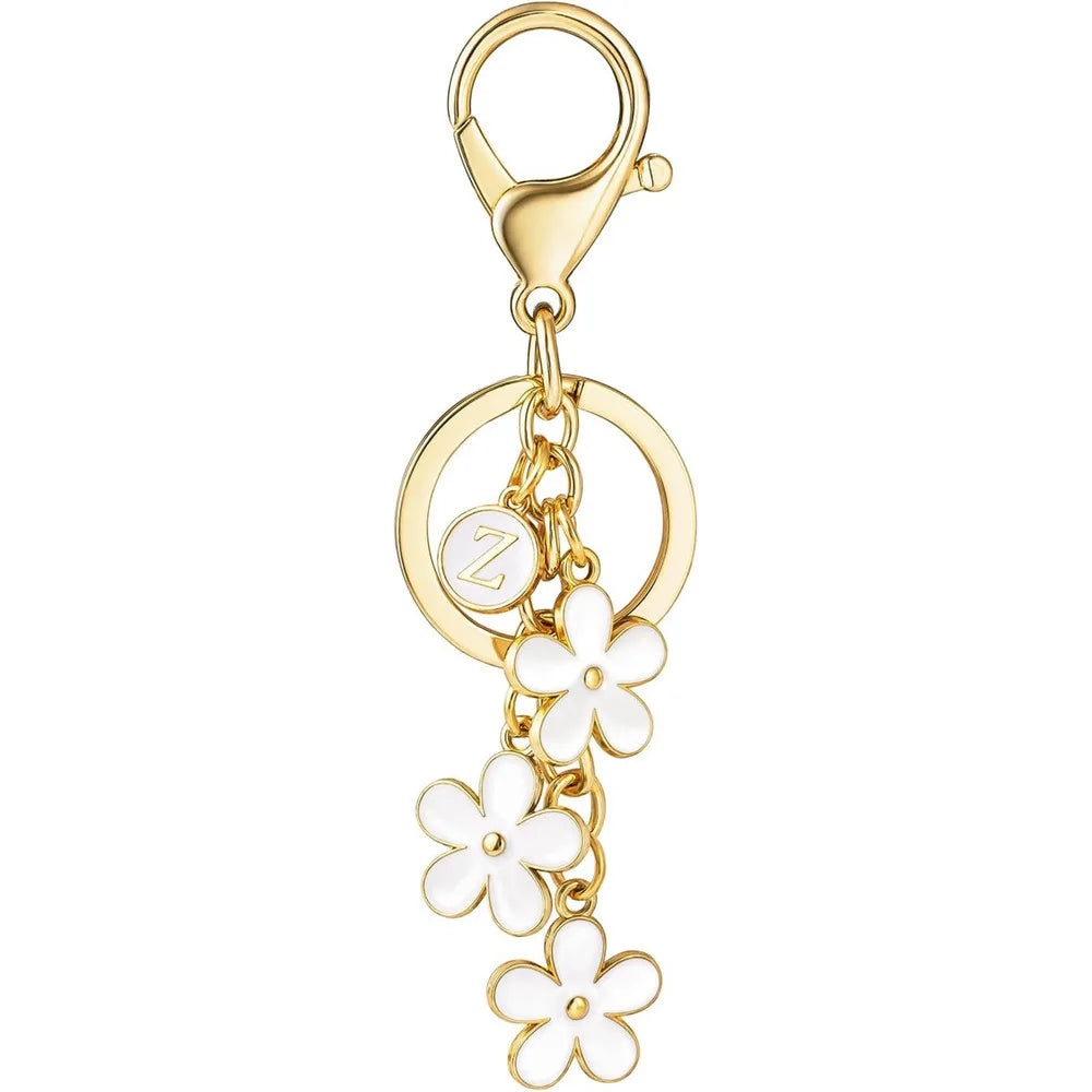 Initial Keychain White/Pink Flower Charms Key Cute Letter Keyring For Handbag Backpack