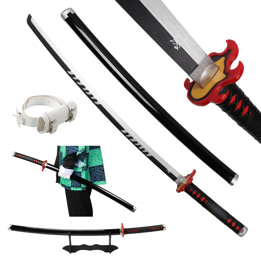 104cm Demon Slayer Katana Sword Kimetsu no Yaiba Wooden Cosplay Anime Weapon Sword Toy Katanas with Display Stand and Belt