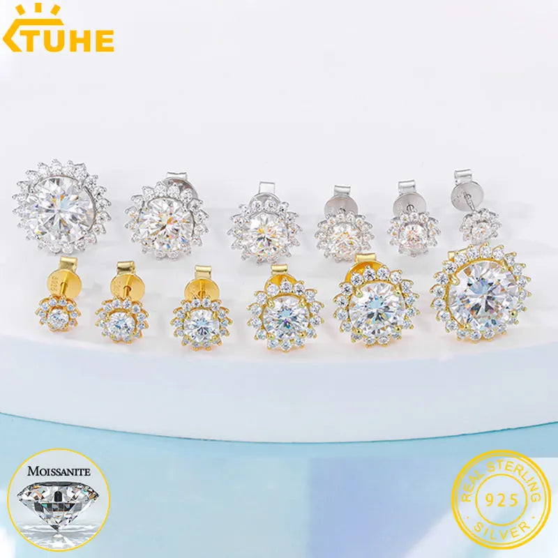 TUHE Unisex Sparkling Earrings Fine Jewelry VVS1 Moissanite Flower 925 Silver 4MM/5MM Fashion Earrings Women Gift