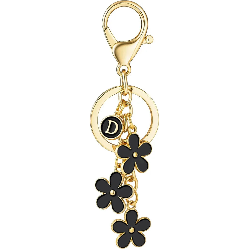 Initial Keychain White/Pink Flower Charms Key Cute Letter Keyring For Handbag Backpack