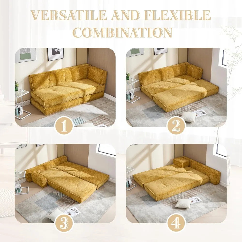 Modular Couch Convertible Sleeper Floor Sofa Bed, Chenille Folding Mattress Couch with Side Bag Storage, 4-in-1 Combined Lazy So