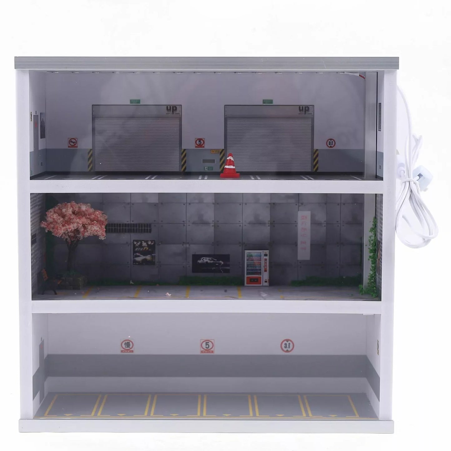 1:64 Scale Diorama Parking Lot Display Scene Model, with LED Light, 3 Tiers, 16 Spaces, Modern White, Home Decor & Storage