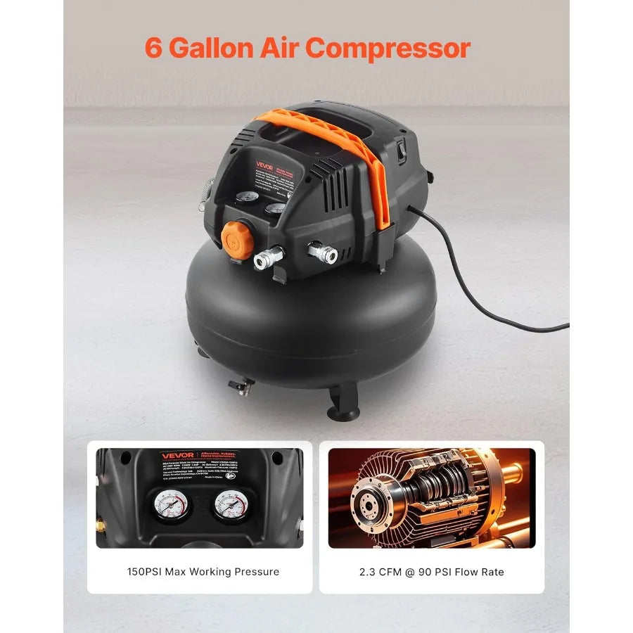 6 Gallon Air Compressor 1.7HP 2.3CFM@90PSI Portable Pancake Air Compressor with 150PSI Max Pressure Ideal for Tire Inflation Sp