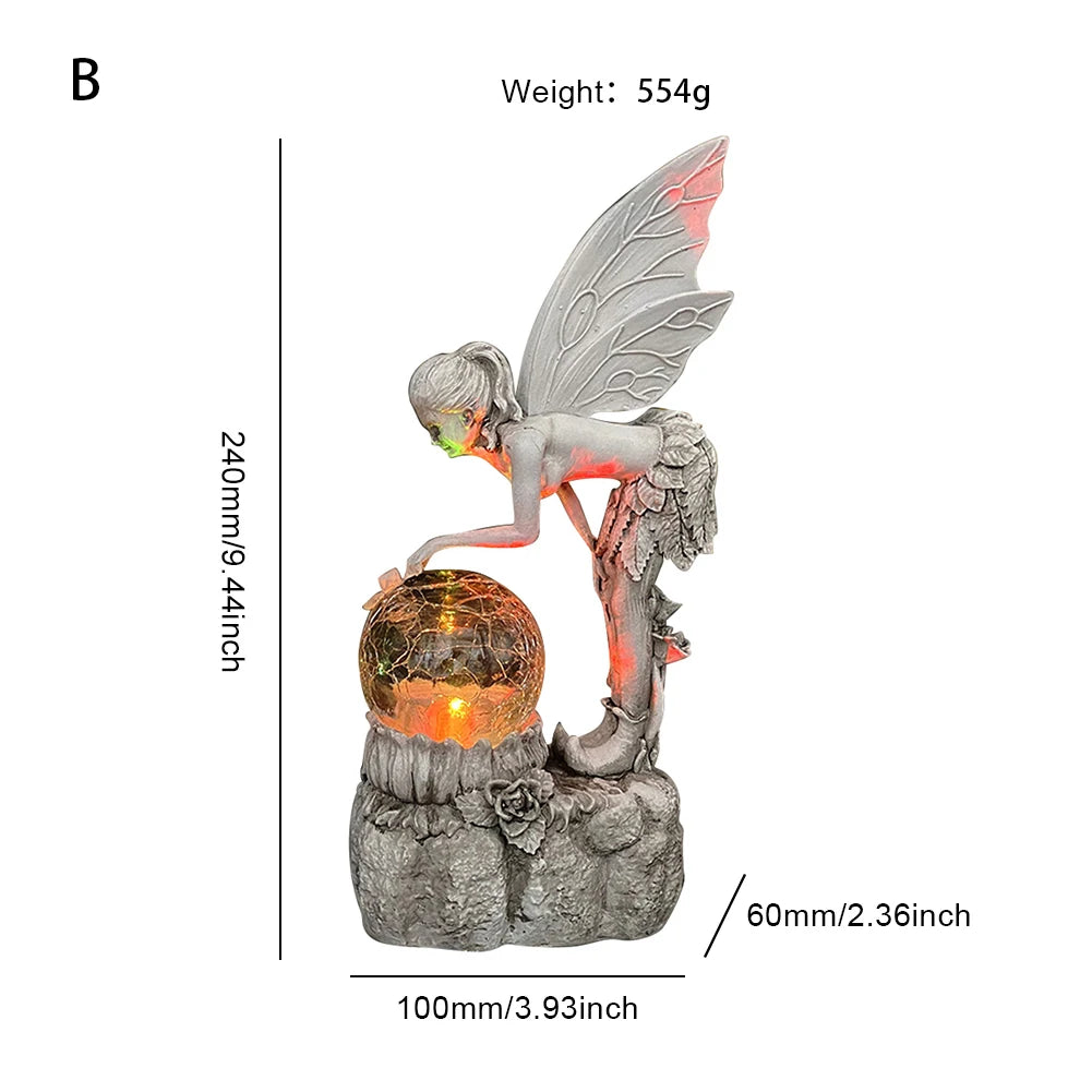 Luminous Crafts Ornaments Resin Fairy Garden Solar Angel Statue Luminous Fairy Girl with Wings Sculpture for Home Outdoor Garden