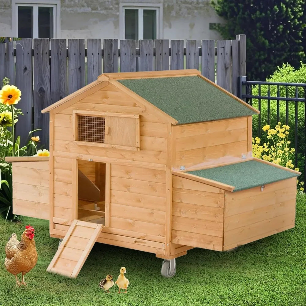 Mobile Chicken Coop with Wheels Large Hen House with Nesting Boxes Portable Chicken House for 4 to 6 Chickens Wooden Poultry Cage