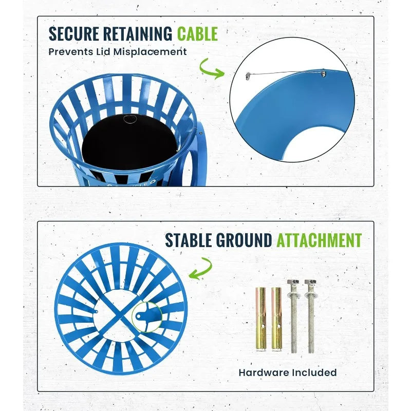 Commercial Outdoor Trash Can - 38 Gallon Heavy Duty Blue Recycle Garbage Can with Liner, Open Top Lid, All Weather Resist