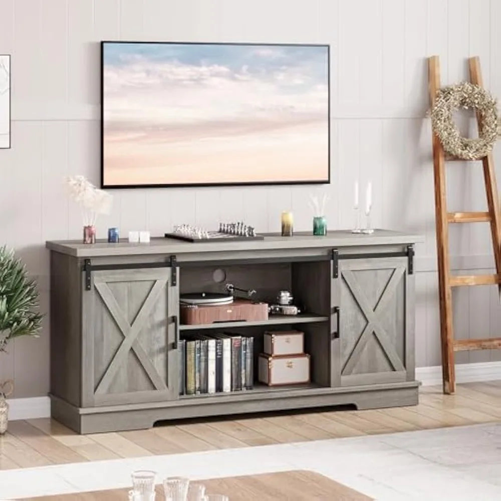Grey Farmhouse Cabinet, 65 Inch TV Stand with Storage, Barn Doors and Shelves, Modern TV Console Table Furniture for Living Bed