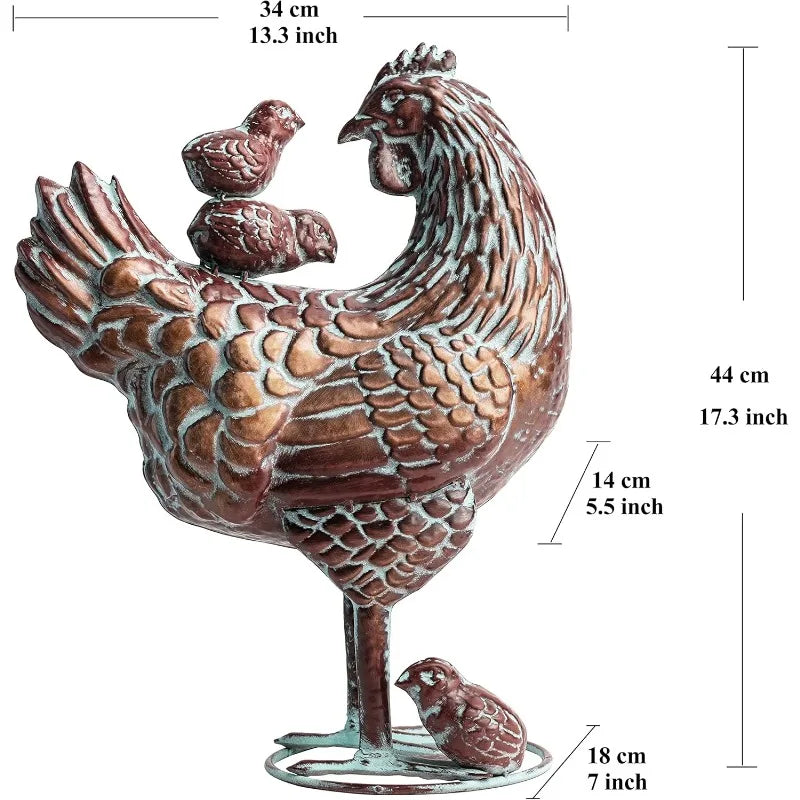 Garden Chicken Art Outdoor Statues - Mother Hen & Chicks Metal Statue, 13.5"x18" Life-Like Chicken Decor, Antique Copper Yard Or