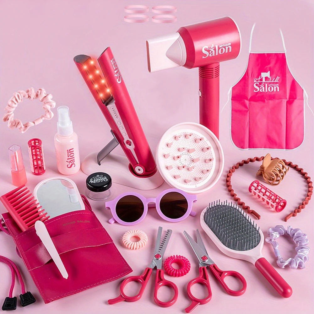Girls Beauty Salon Set Fake Dress Up Stylist Barber Tool Kit with Hair Dryer Scissors Barber Apron and Styling Accessories