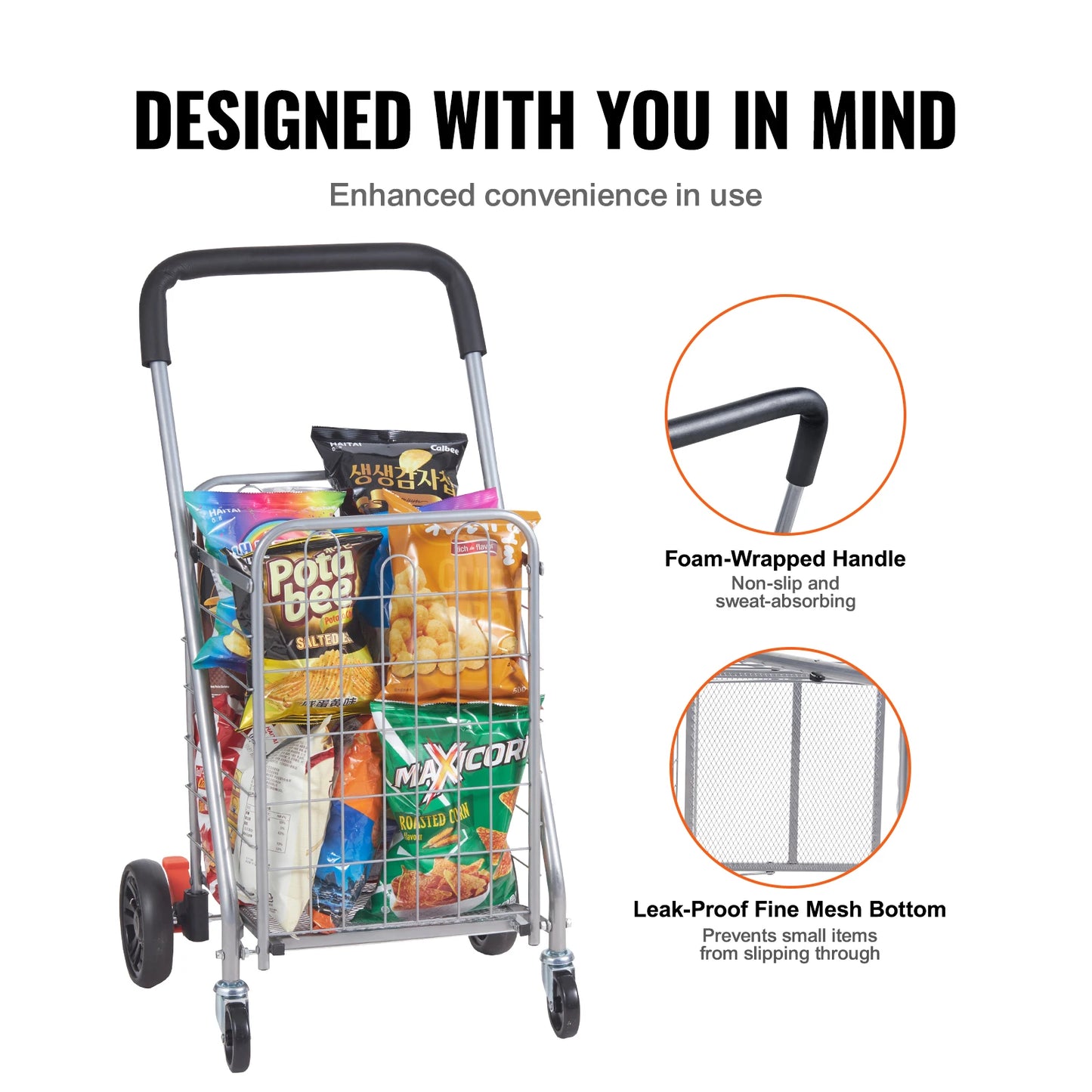 VEVOR Folding Shopping Cart Grocery Utility Trolley with Rolling Swivel Wheels Foldable Laundry Basket for Luggage 66 110 200lbs