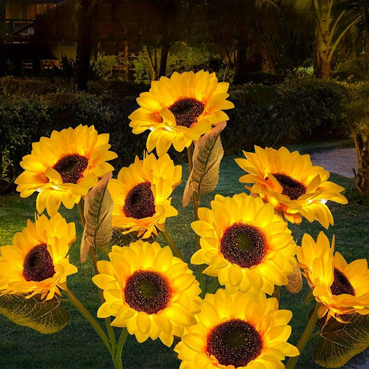 2Pack 3-Head Garden Lights Solar Powered, Waterproof IP65 Solar Lights With Bigger Sunflower Realistic Solar Flowers Lights For