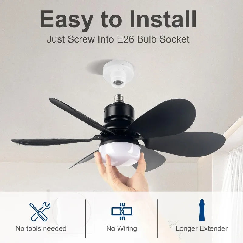 Socket Fan Light with Remote Dimmable 20.5 Inch Ceiling Fan and LED Bulb for Garage Kitchen Balcony Living Room and Laundry Room Black