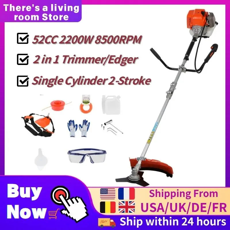 2200W Weed Eater Cordless Petrol 52CC 8500RPM,Ergonomic Strong Power String Trimmer Low Noise,2 In 1 Lawn Mower Machine Gasolene