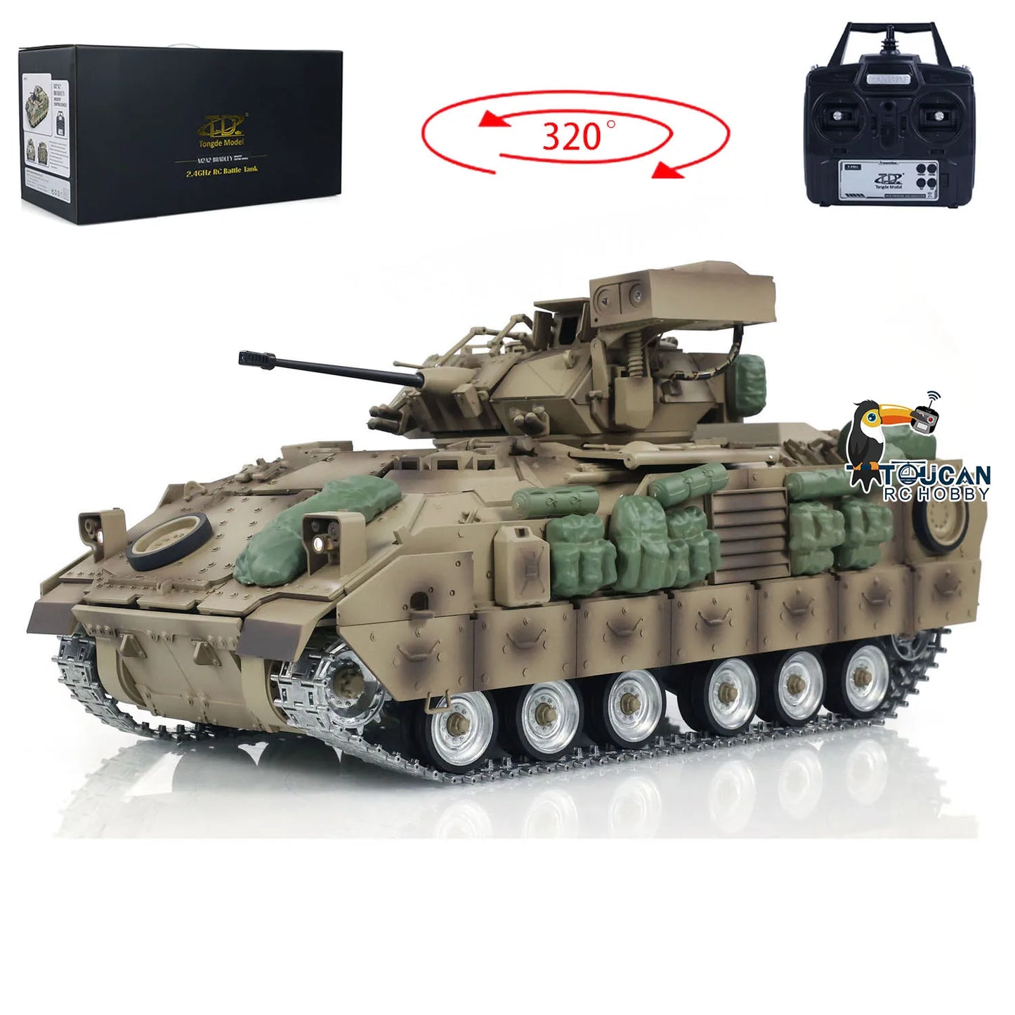 US Stock RTR Tongde 1/16 Scale RC Military Tank M2A2 Bradley Radio Control Panzer Metal Tracks Wheels Barrel Recoil Smoking Toy