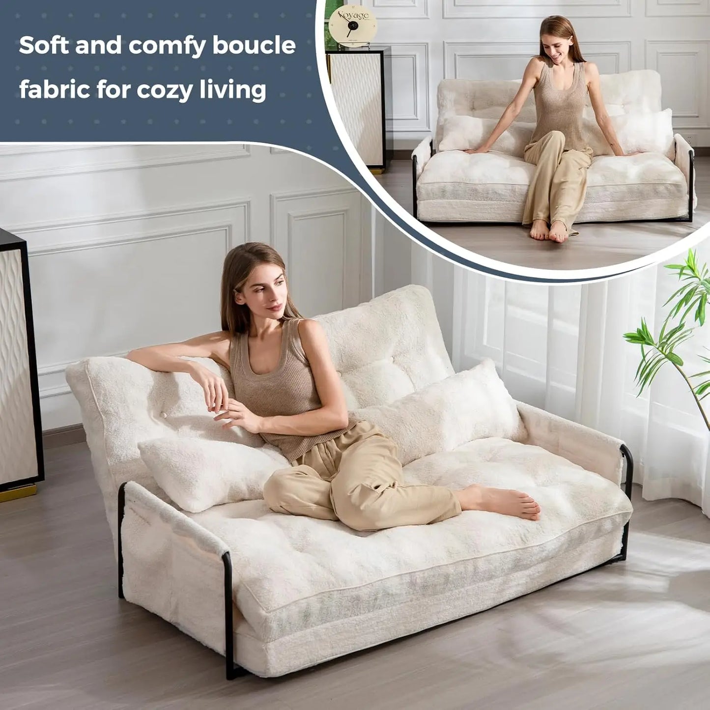 5-Position Boucle Bean Bag Bed, Convertible Lazy Sofa Sleeper Bed with Armrest, Versatile Floor Seating Sofa for Living Room