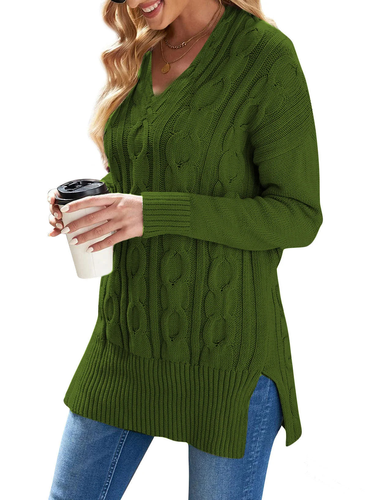 Plus Size Cable Knitted Pullover Sweater, Casual V Neck Long-Sleeved Slit Sweater, Women's Plus Size Clothing