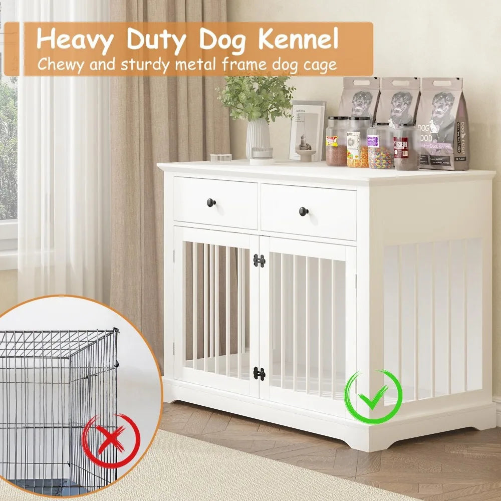Dog Crate Furniture, 44 Inch Wooden Dog Kennel Indoor with 2 Storage Drawers, Heavy Duty Large Dog Crate Furniture