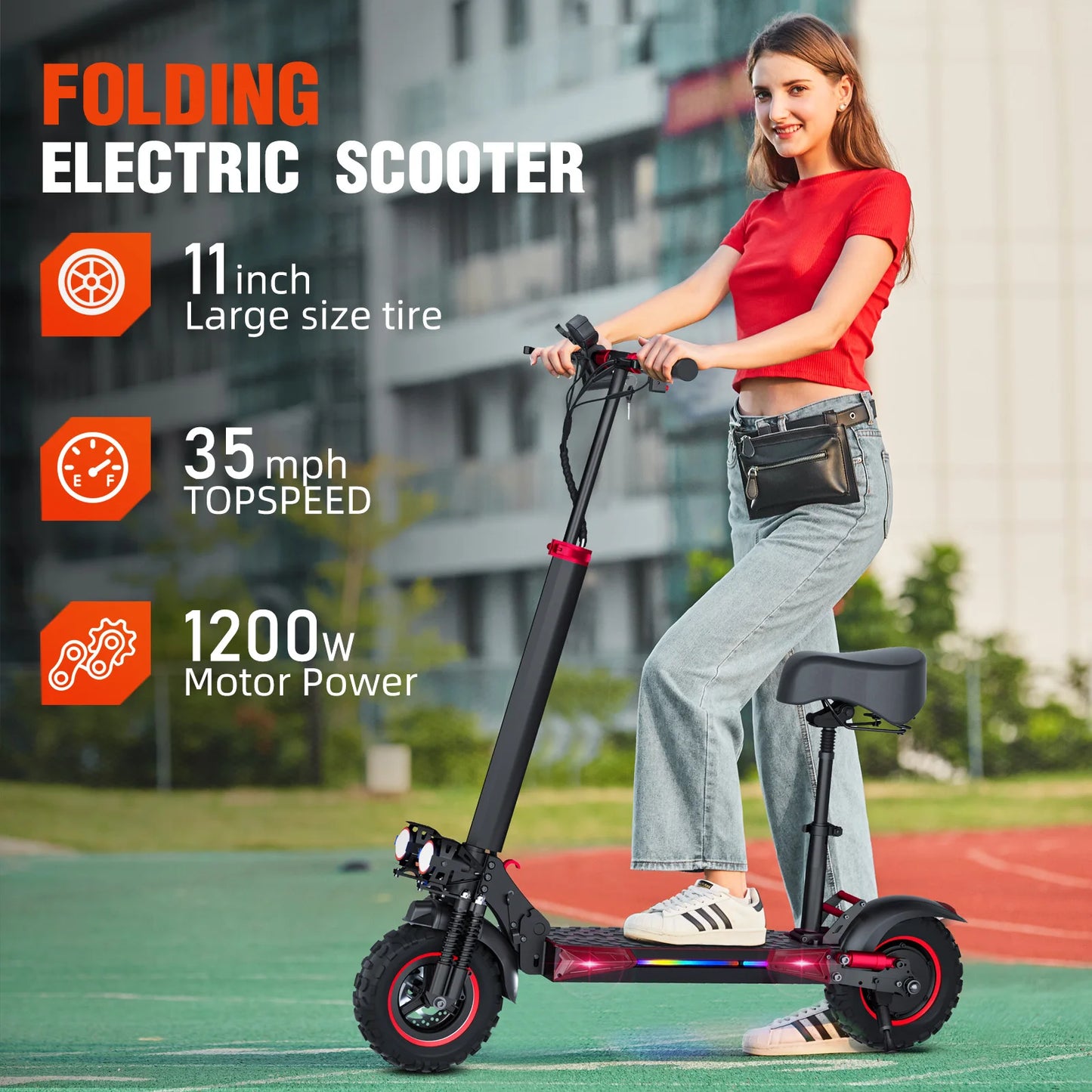 Foldable 1200W Electric Scooter with Seat for Adults, 11'' Off-road Tires, Dual Brake and Suspension System Commuter E-scooter
