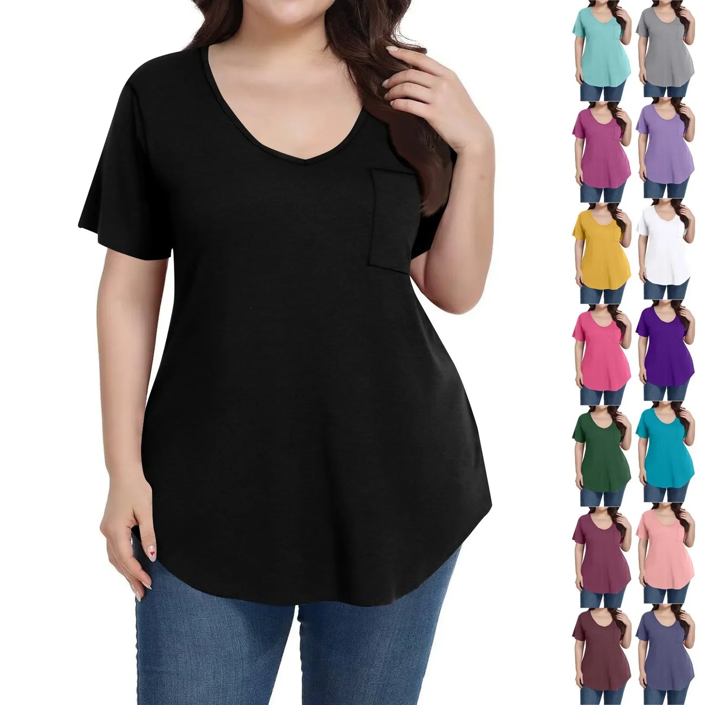 Plus Size Women's Tunic Tops Solid Color Large Size V-neck Loose T-Shirt With Pocket Summer Casual Basic Tee t shirts