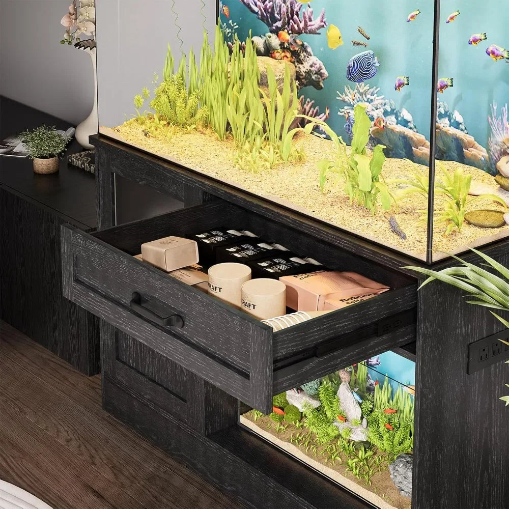 Fish Tank Stand with Drawer Reptile Tank Stand with Power Strip and LED Light Aquarium Stand for Home Use