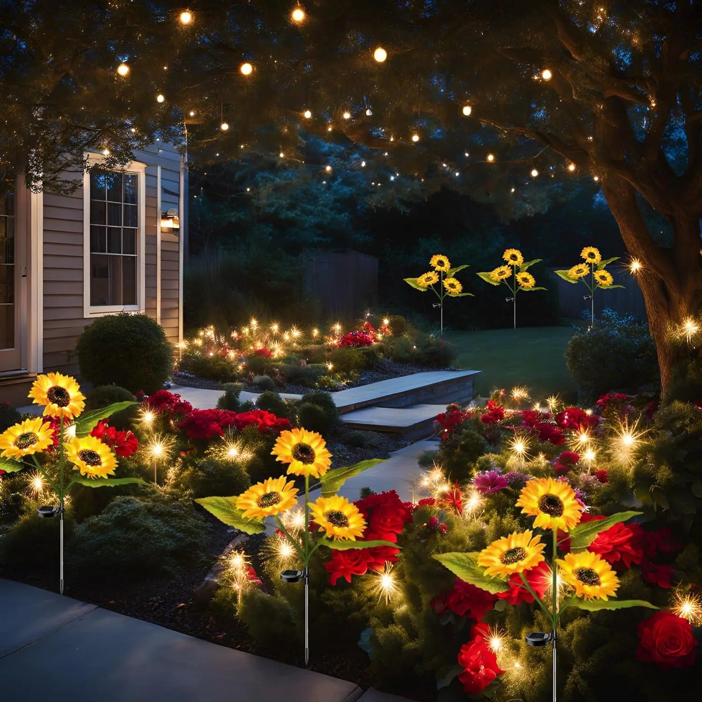 2Pack 3-Head Garden Lights Solar Powered, Waterproof IP65 Solar Lights With Bigger Sunflower Realistic Solar Flowers Lights For