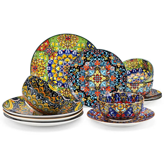 12Pcs Bohemian Style Ceramic Dinnerware Set Plates and Bowls For 4 Dinner Tray Dessert Plate/Cereal/Pasta Bowl Kitchen Tableware