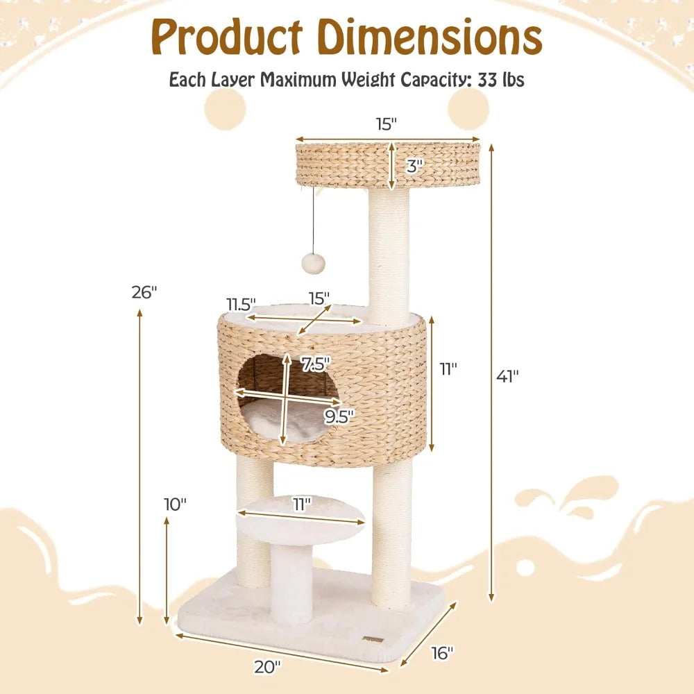 41 inch Modern Cat Tree for Indoor Cats, Multi-Level Small Cat Tree with Sisal Scratching Posts, Cattail Top Perch