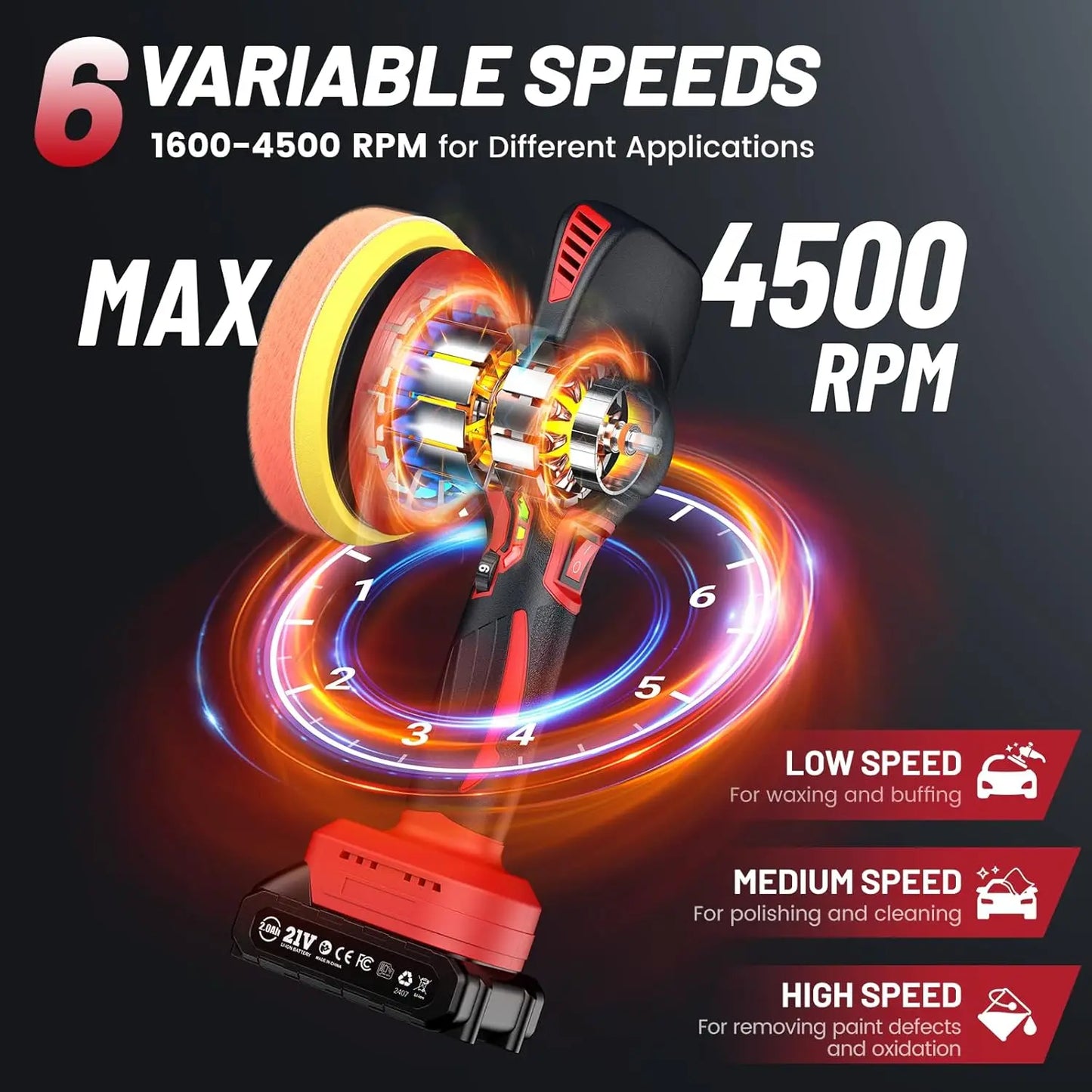 21V Cordless 6-Inch Car Polisher Kit with 2x2000mAh Batteries,6-Speed & 16PCS Attachments for Auto Detailing, Boat Sanding