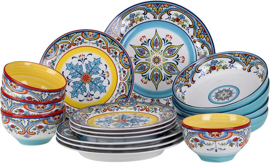 Zanzibar Double Bowl 16-Piece Dinnerware Set | Fine Kitchenware | Floral Multicolor Design Stoneware Tableware Service For 4