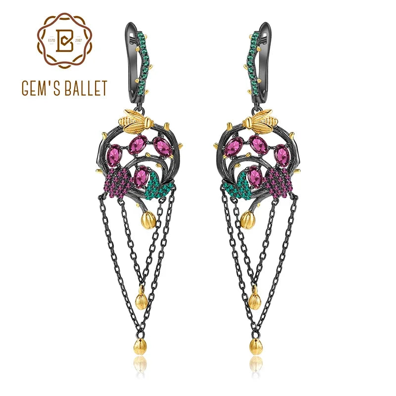 GEM'S BALLET Rhodolite Garnet Bee Tassel Earrings 925 Silver