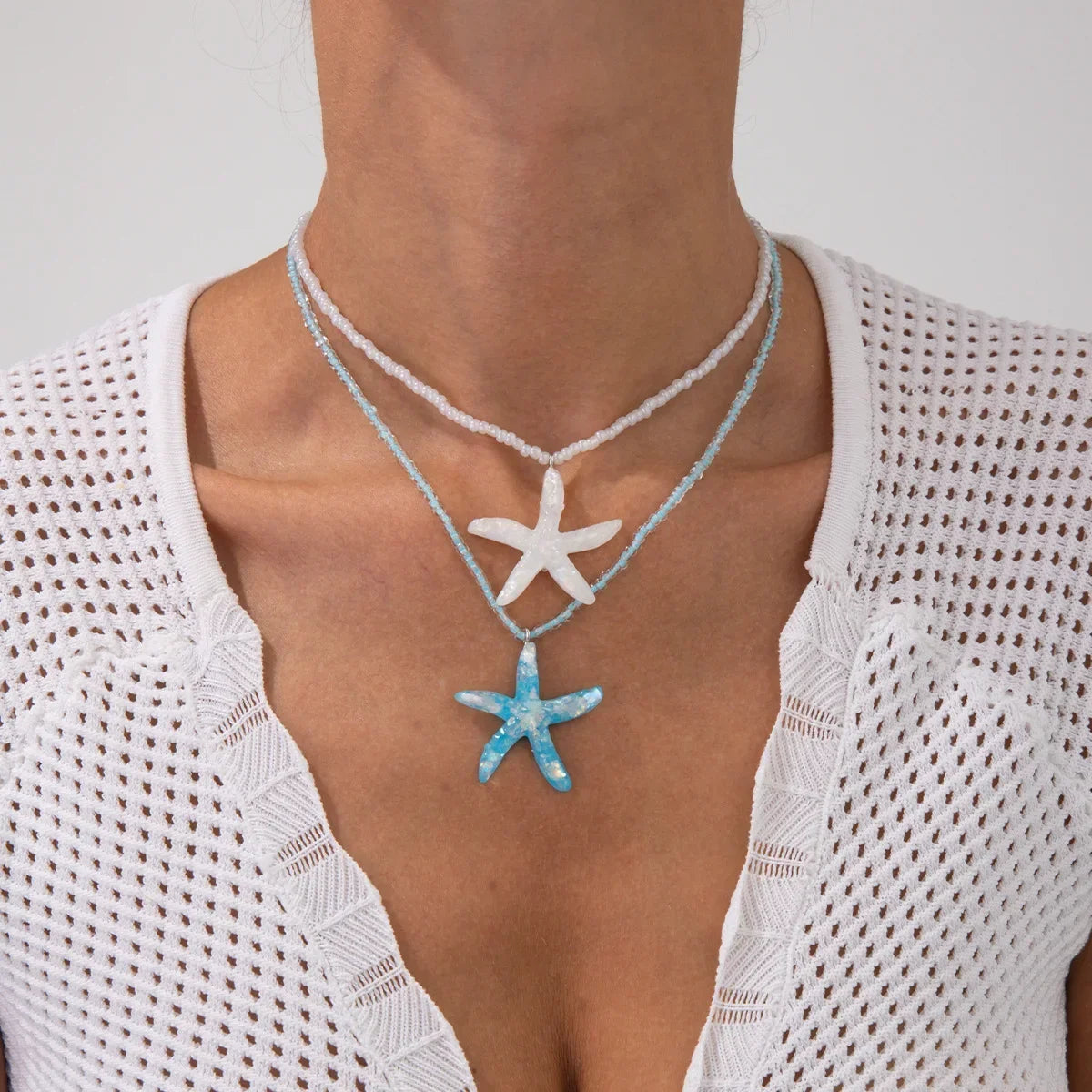 2025 Multi layered Creative Rope Chain Fashion Beach Jewelry Gift Girl Boho White Blue Starfish Pendant With Necklace Women's