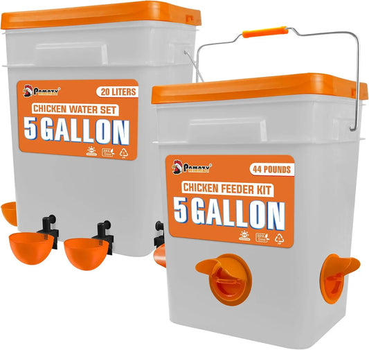 5 Gallon Automatic Chicken Feeder and Waterer Set with No Waste Chicken Feeder Port and Rain Proof Water Cup