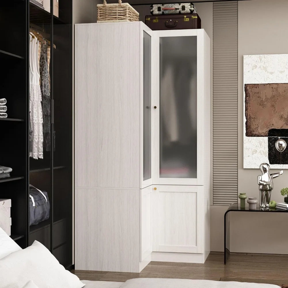 Corner Wardrobe Closet with 2 Glass Doors, Armoire Wardrobe Closet with Hanging Rod, for Bedroom Wood Grain (16.3+19.1”W x 19.1