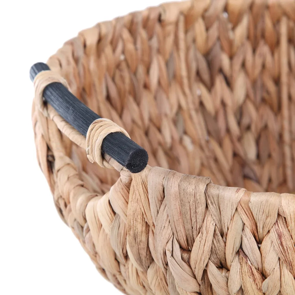 Natural Woven Water Hyacinth Decorative Bowl with Wooden Handles Home Storage Floral Centerpiece Kitchen Dining Table