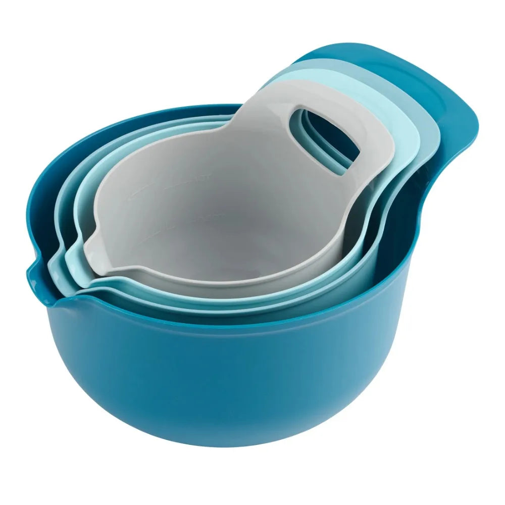 Nesting plastic mixing bowl set with pouring spout and handle, blue