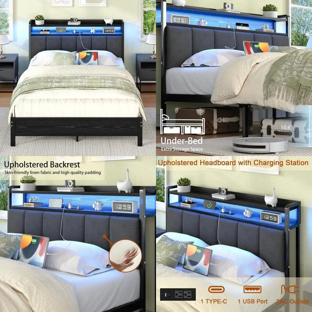 Queen Size Metal Platform Bed Frame with LED Lighting and Charging Station, Upholstered Storage Headboard Included
