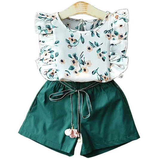 Kids Clothes Girls Set Sleeveless T-shirt+Shorts 2PCS/Sets Baby Girls Clothes Chiffon Shirt Flower Print Children Girls Clothes