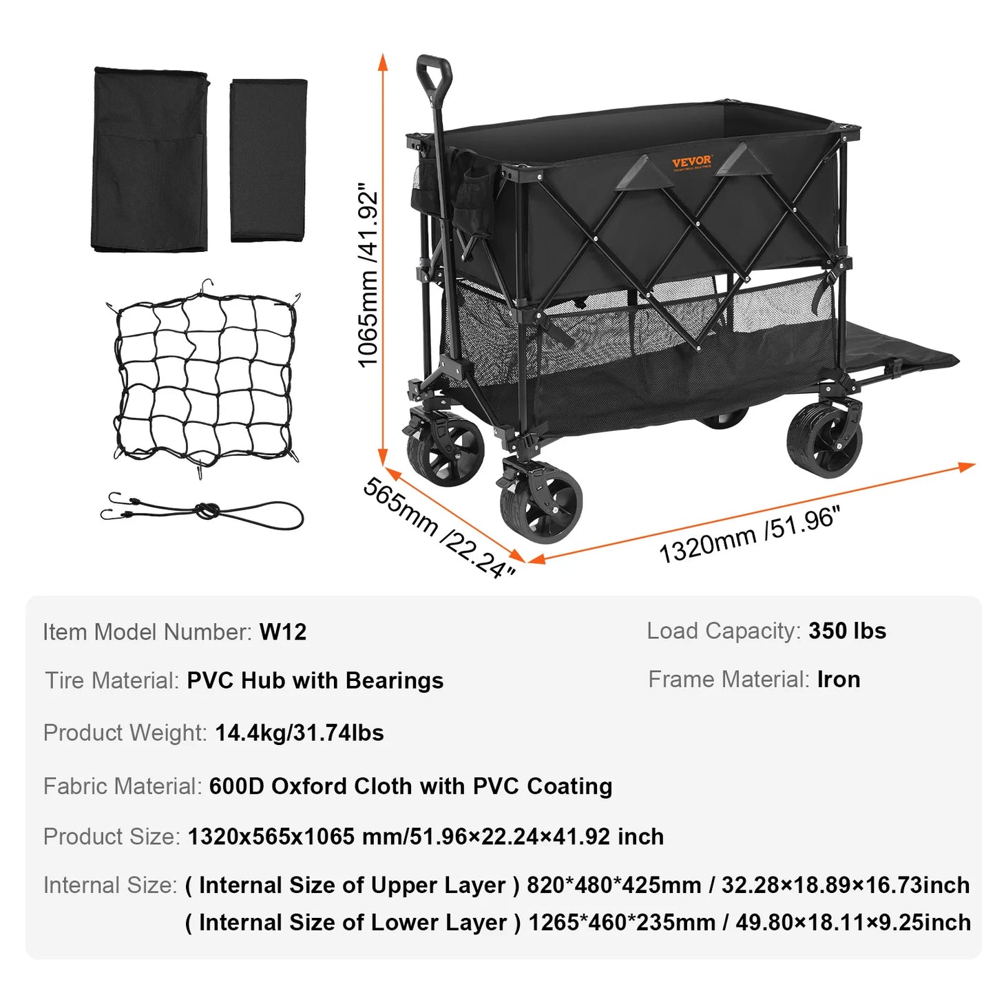 VEVOR Collapsible Folding Beach Wagon Cart with All Terrain Wheels and Drink Holders for Camping Shopping and Garden