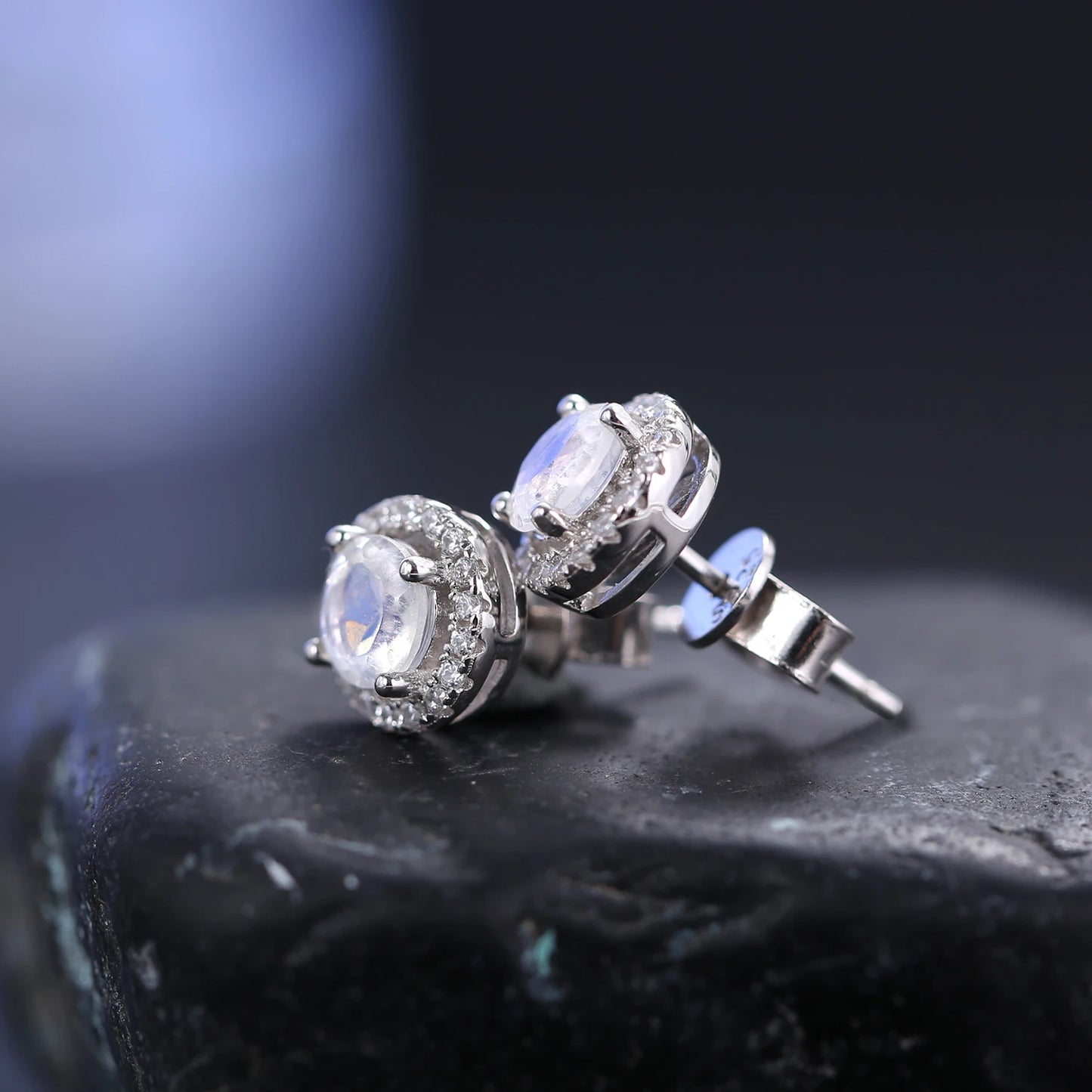 Gems Ballet Milky Blue Moonstone Stud Earrings 925 Silver