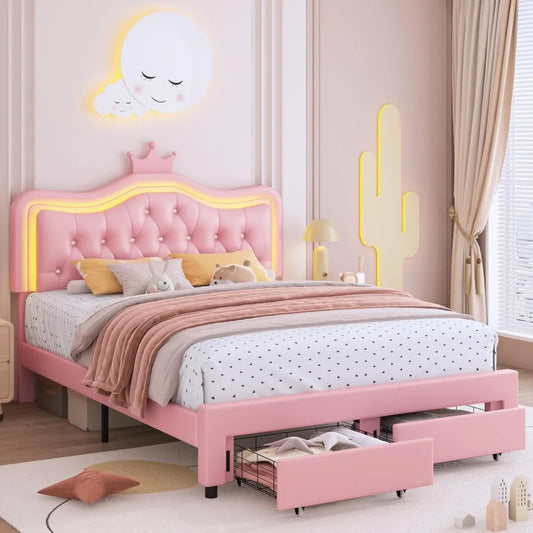 Keyluv Full Upholstered LED Bed Frame with Storage Drawer, Leather Princess Platform Bed with Adjustable Crystal Button Tufted C