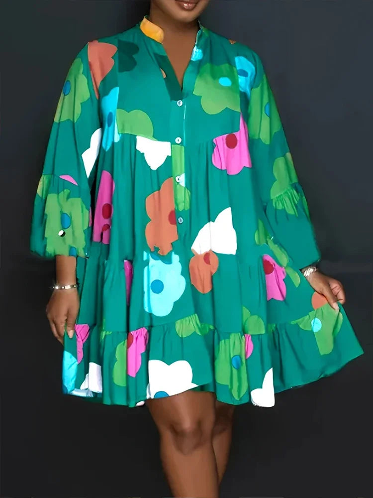 Plus Size 2025 Autumn New Floral Printed Women's Dresses Casual Loose Button Fashion Streetwear Polyester V-Neck Pleated Dresses