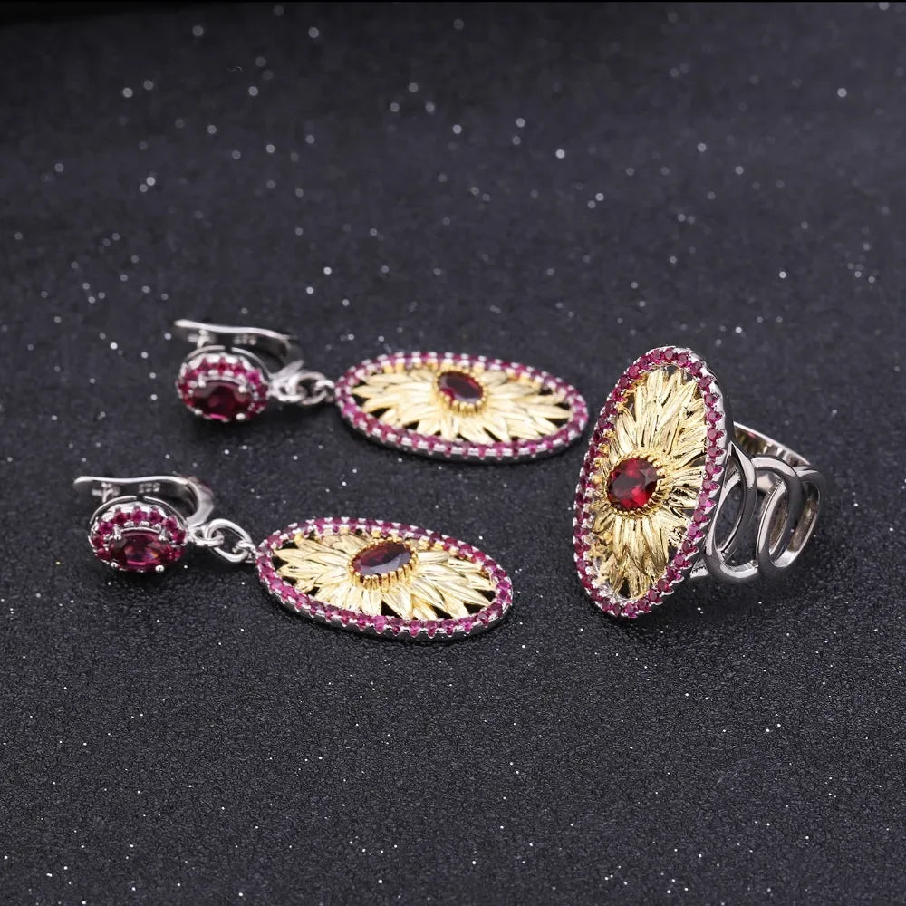 GEM'S BALLET 925 Sterling Silver Original Handmade Earrings 2.40Ct Natural Rhodolite Garnet Sunflower Drop Earrings for Women