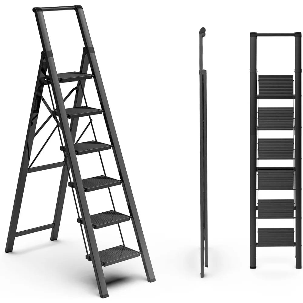 6 Step Ladder for 12 Feet High Ceiling, Folding Step Stool with Handgrip & Anti-Slip Wide Pedal, Portable Lightweight Aluminum S